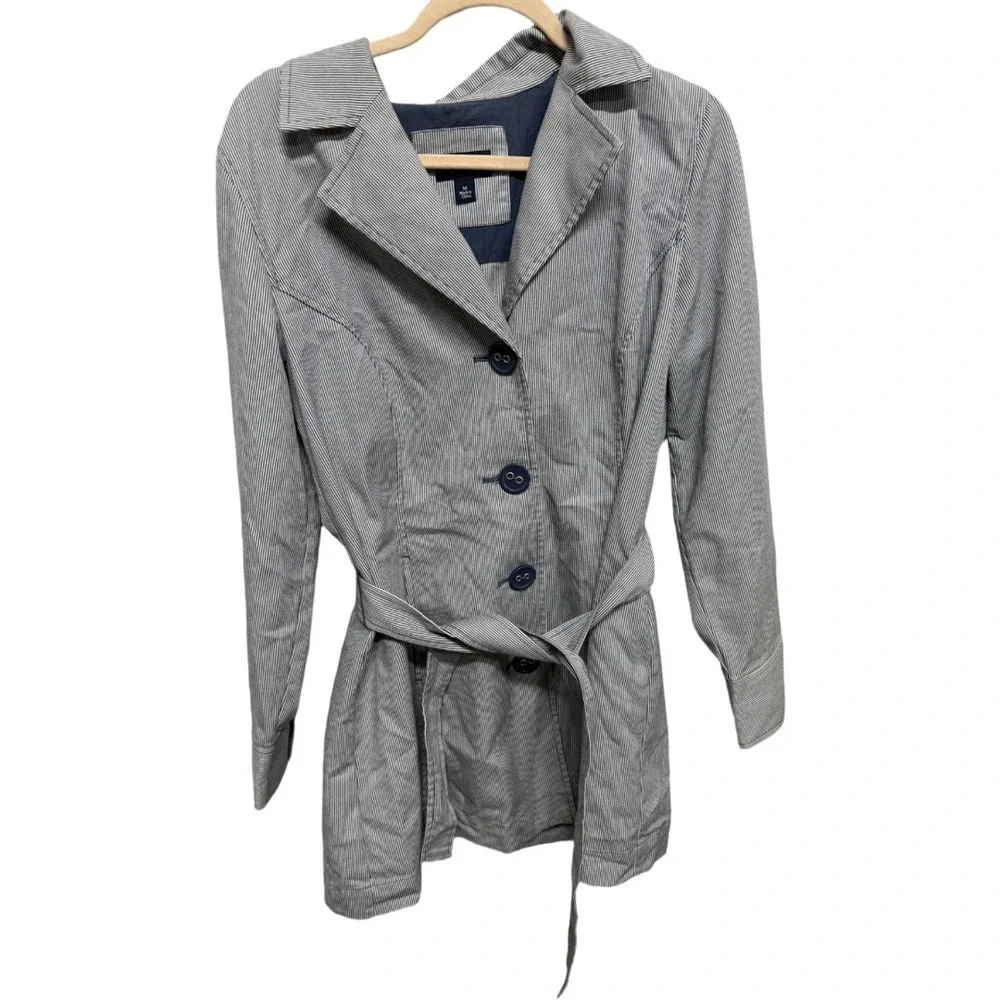 Sonoma Life + Style Women's Medium Striped Belted Trench Coat Blue Lightweight